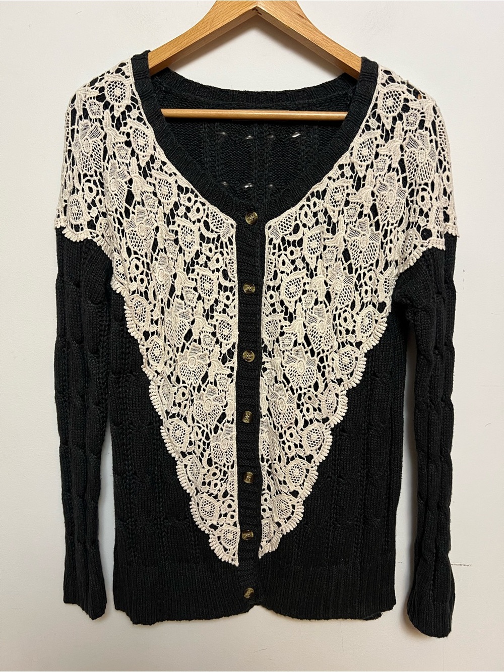 Finn & Clover Charcoal Gray Crochet Lace Cardigan Sweater – Size L
